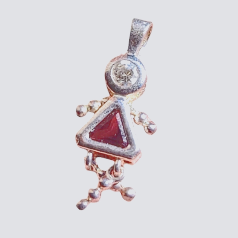 Vintage June ruby birthstone and CZ silver plated girl charm pendant